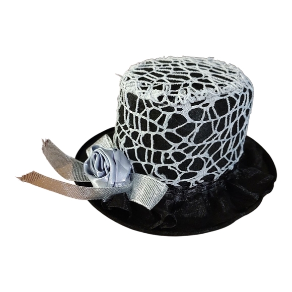 Fascinator Party Hat Spider Web Silver Ribbon Bow Rose Black Mesh Ruffle - Picture 1 of 12